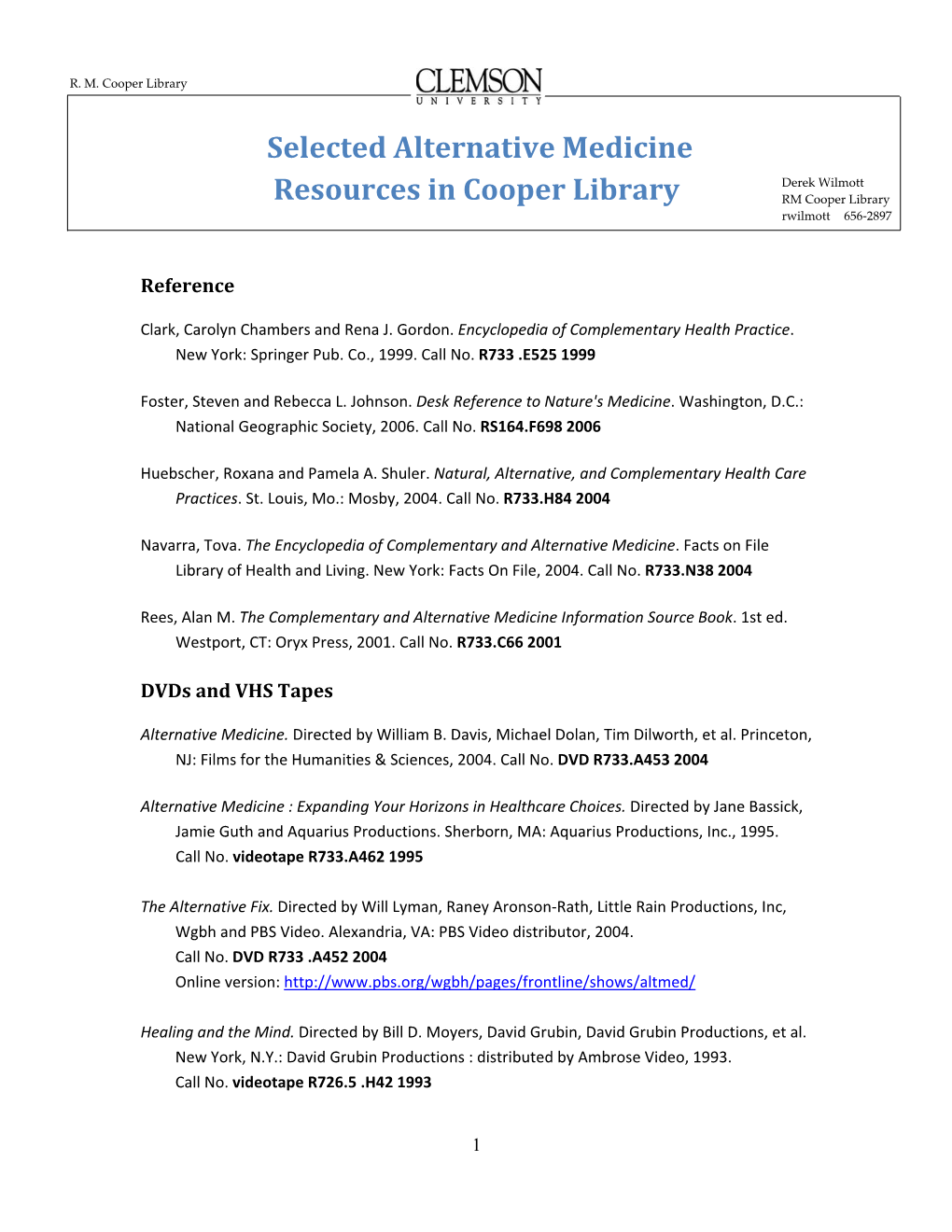 Selected Alternative Medicine Resources in Cooper Library