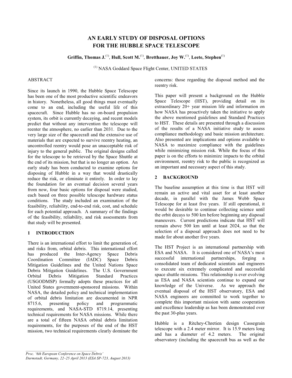 An Early Study of Disposal Options for the Hubble Space Telescope