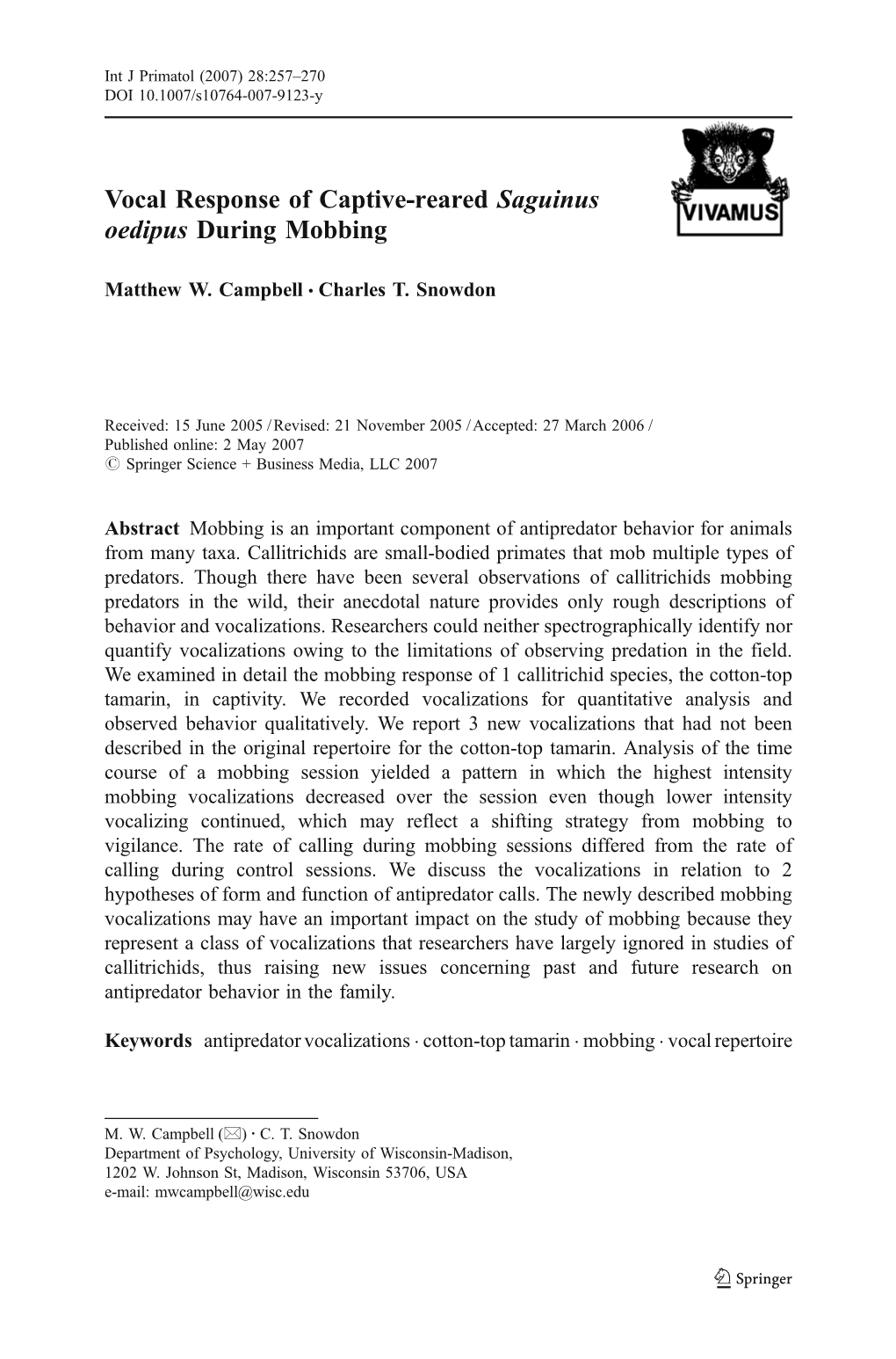 Vocal Response of Captive-Reared Saguinus Oedipus During Mobbing