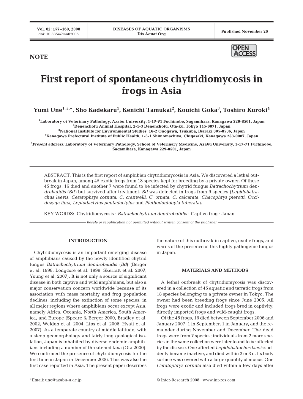 First Report of Spontaneous Chytridiomycosis in Frogs in Asia