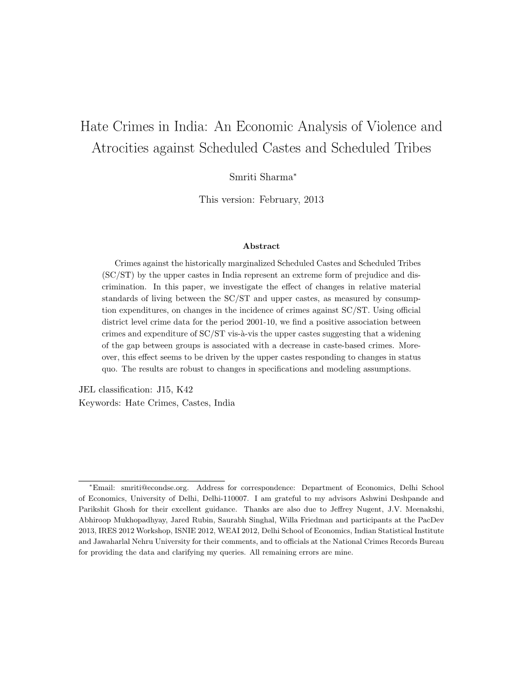 Hate Crimes in India: an Economic Analysis of Violence and Atrocities Against Scheduled Castes and Scheduled Tribes