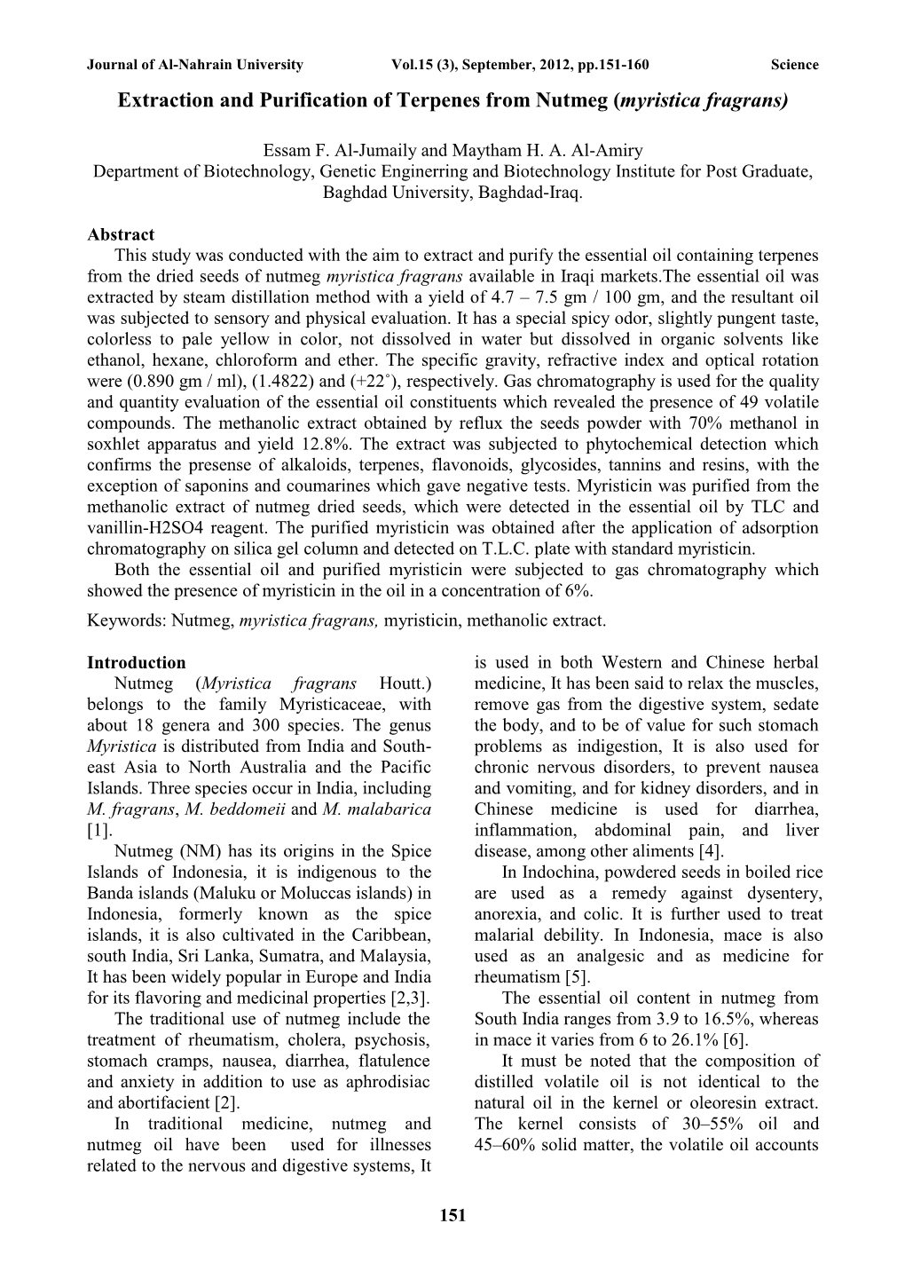 Extraction and Purification of Terpenes from Nutmeg (Myristica Fragrans)