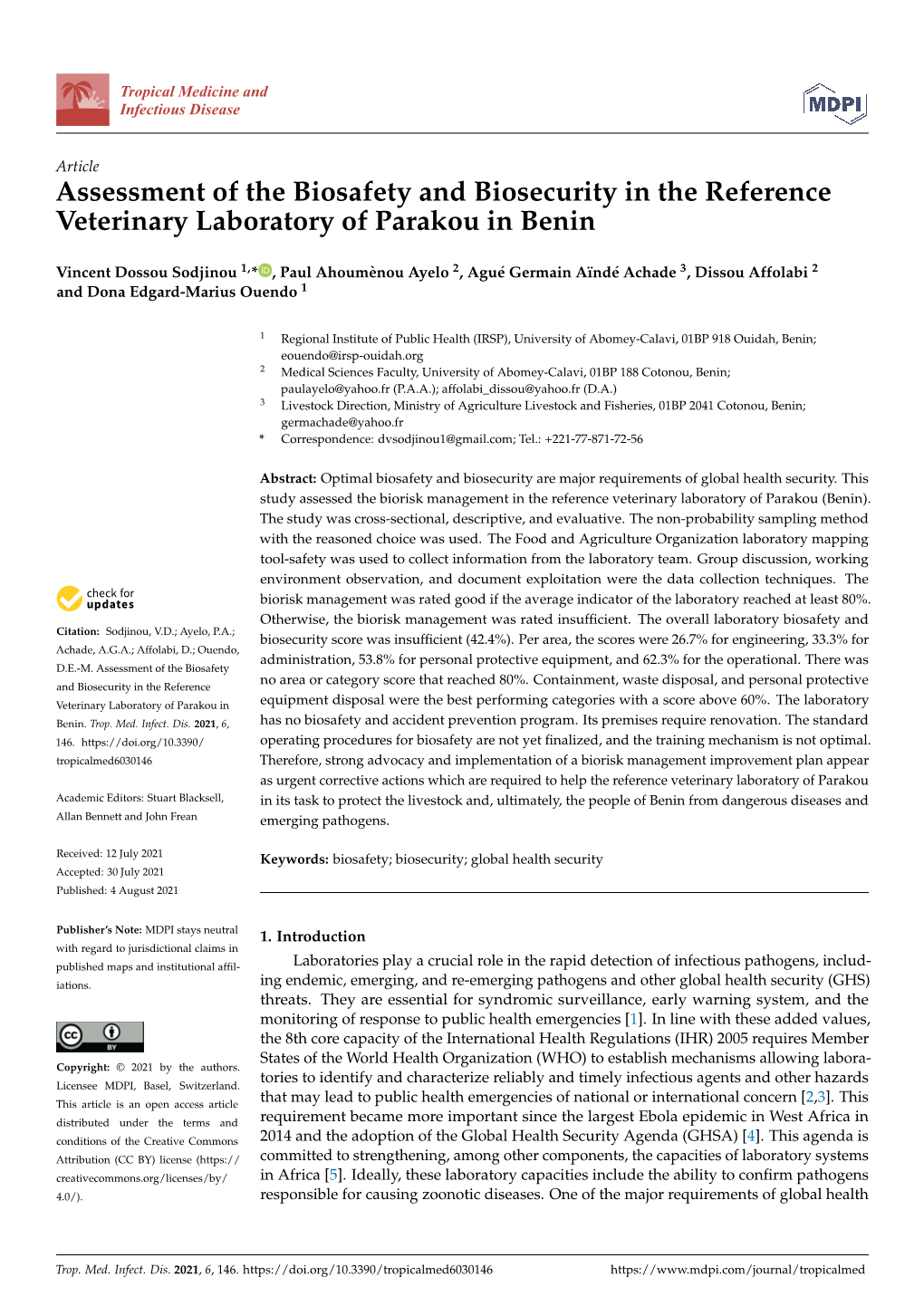 Assessment of the Biosafety and Biosecurity in the Reference Veterinary Laboratory of Parakou in Benin