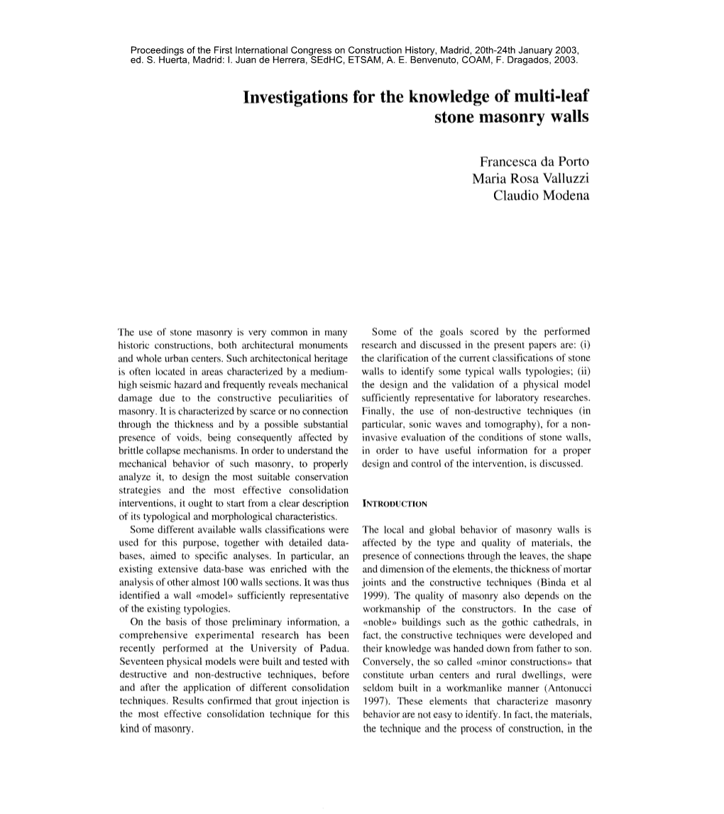 Investigations for the Knowledge of Multi-Ieaf Stone Masonry Walls