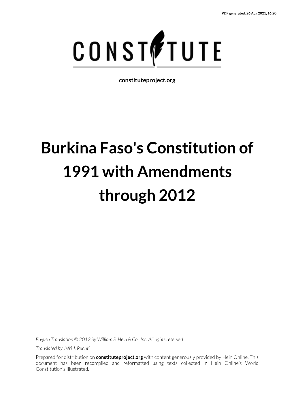 Burkina Faso's Constitution of 1991 with Amendments Through 2012