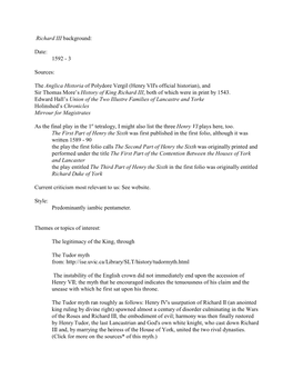 The Anglica Historia of Polydore Vergil (Henry VII's Official Historian), and Sir Thomas More’S History of King Richard III, Both of Which Were in Print by 1543