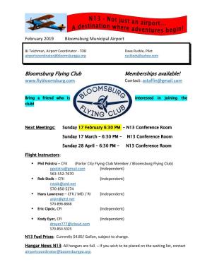 Bloomsburg Flying Club Memberships Available! Contact: Astaffin@Gmail.Com