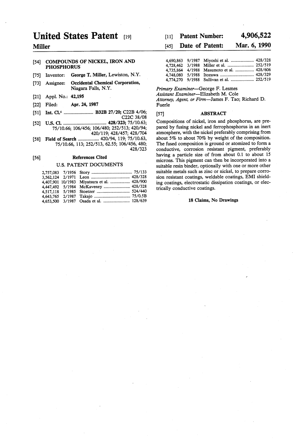 United States Patent (19) 11 Patent Number: 4,906,522 Miller (45) Date of Patent: Mar