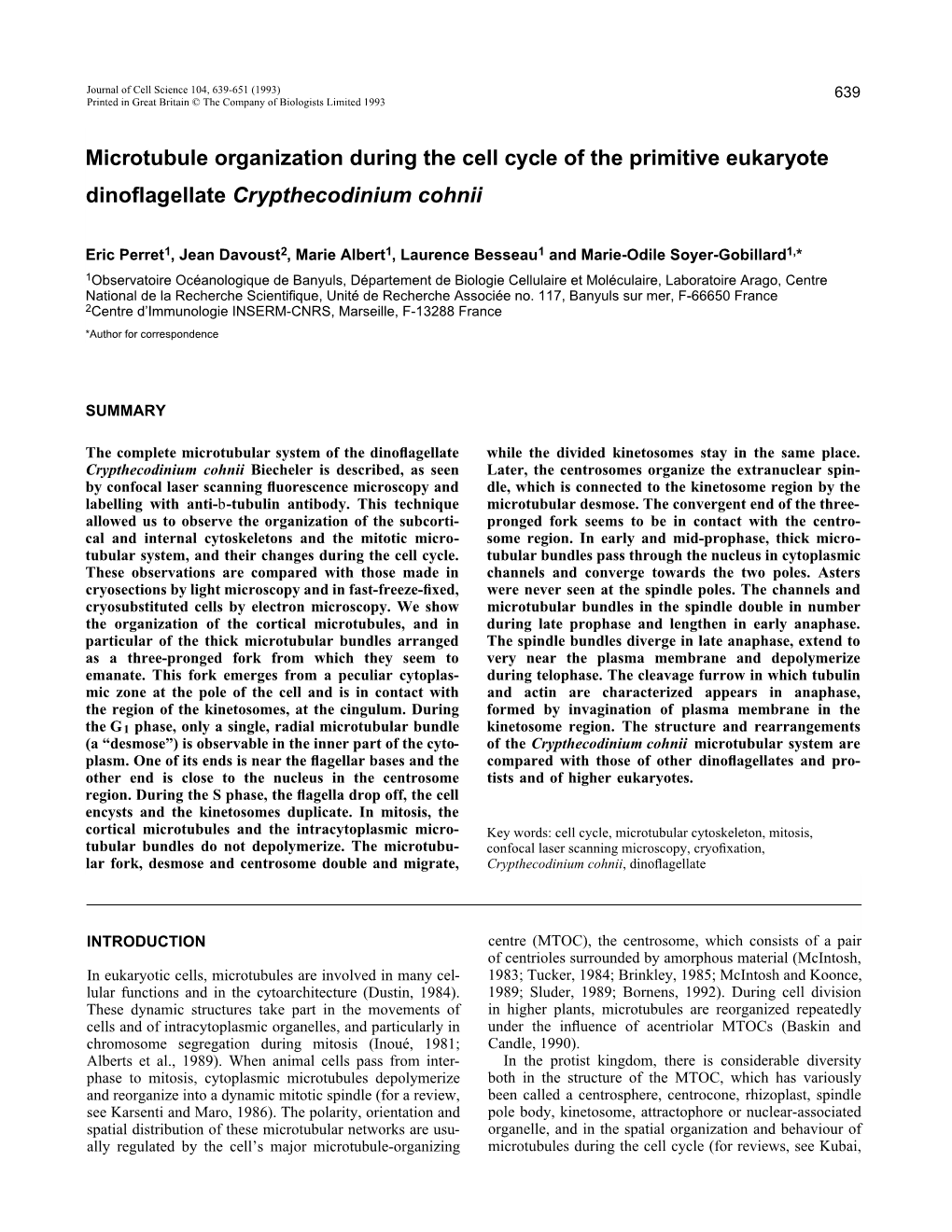 Microtubule Organization During the Cell Cycle of the Primitive Eukaryote Dinoﬂagellate Crypthecodinium Cohnii