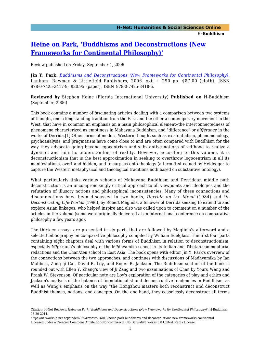 Heine on Park, 'Buddhisms and Deconstructions (New Frameworks for Continental Philosophy)'