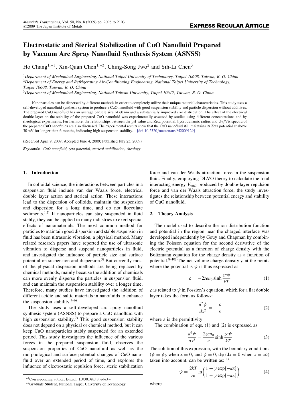 Electrostatic and Sterical Stabilization of Cuo Nanofluid Prepared By