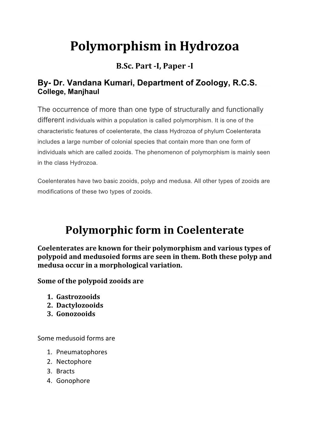 Polymorphism in Hydrozoa