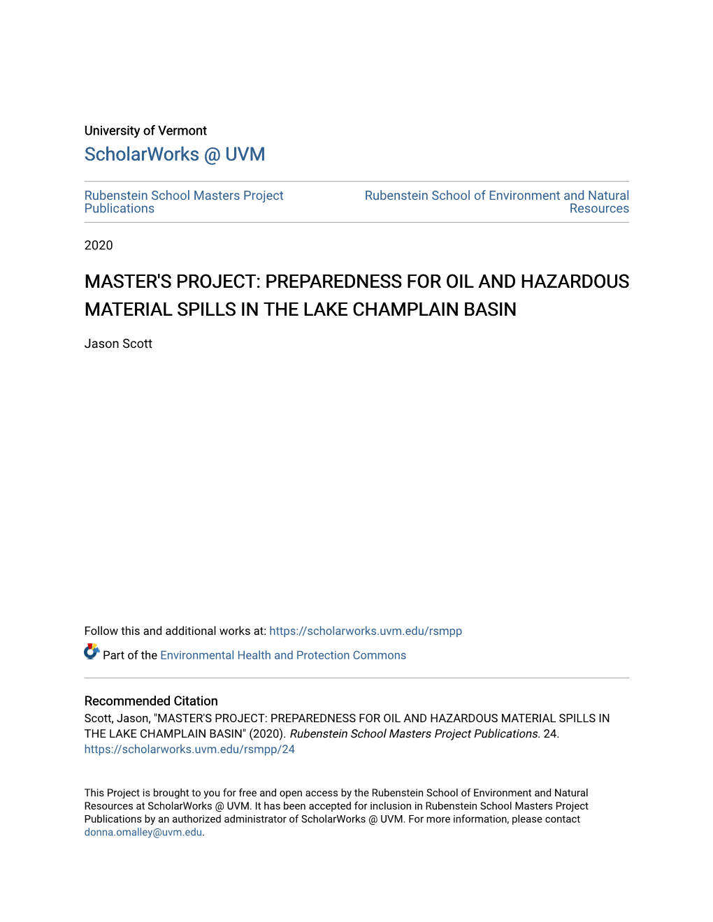 Master's Project: Preparedness for Oil and Hazardous Material Spills in the Lake Champlain Basin