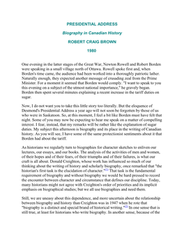 PRESIDENTIAL ADDRESS Biography in Canadian History ROBERT