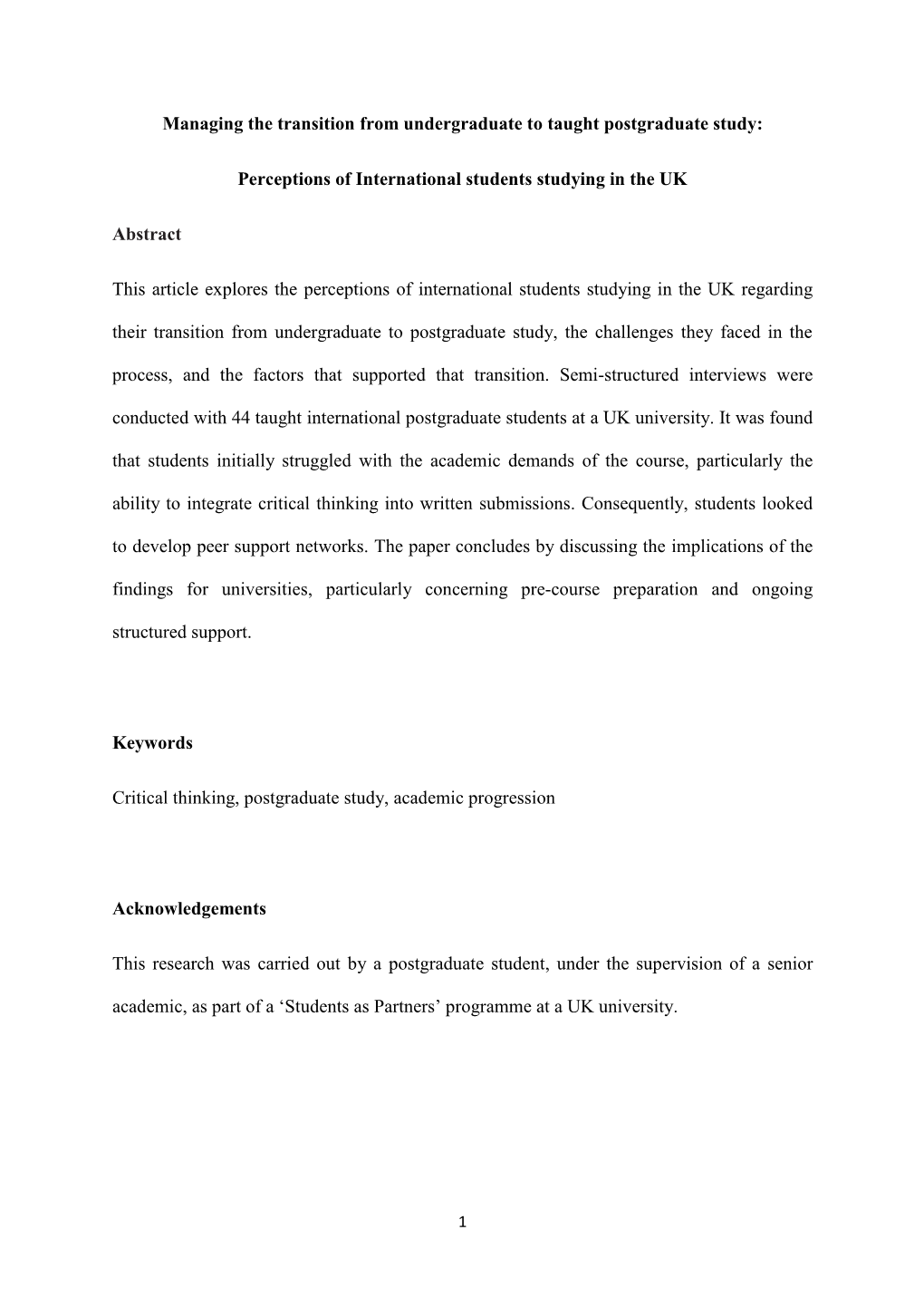 Perceptions of International Students Studying in the UK