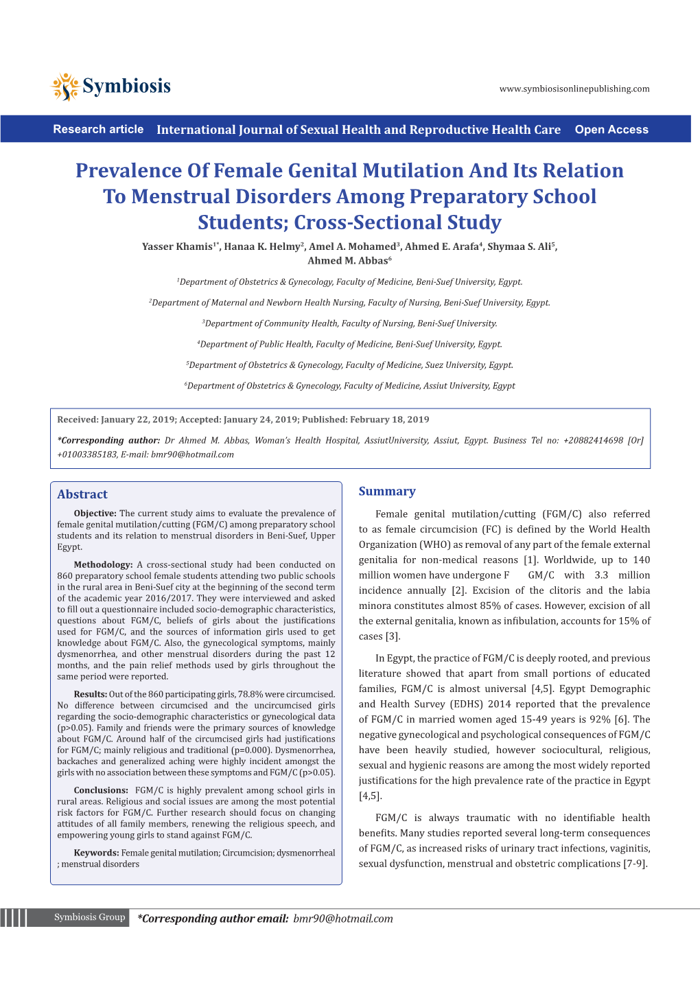Prevalence of Female Genital Mutilation and Its Relation to Menstrual Disorders Among Preparatory School Students; Cross-Sectional Study Yasser Khamis1*, Hanaa K