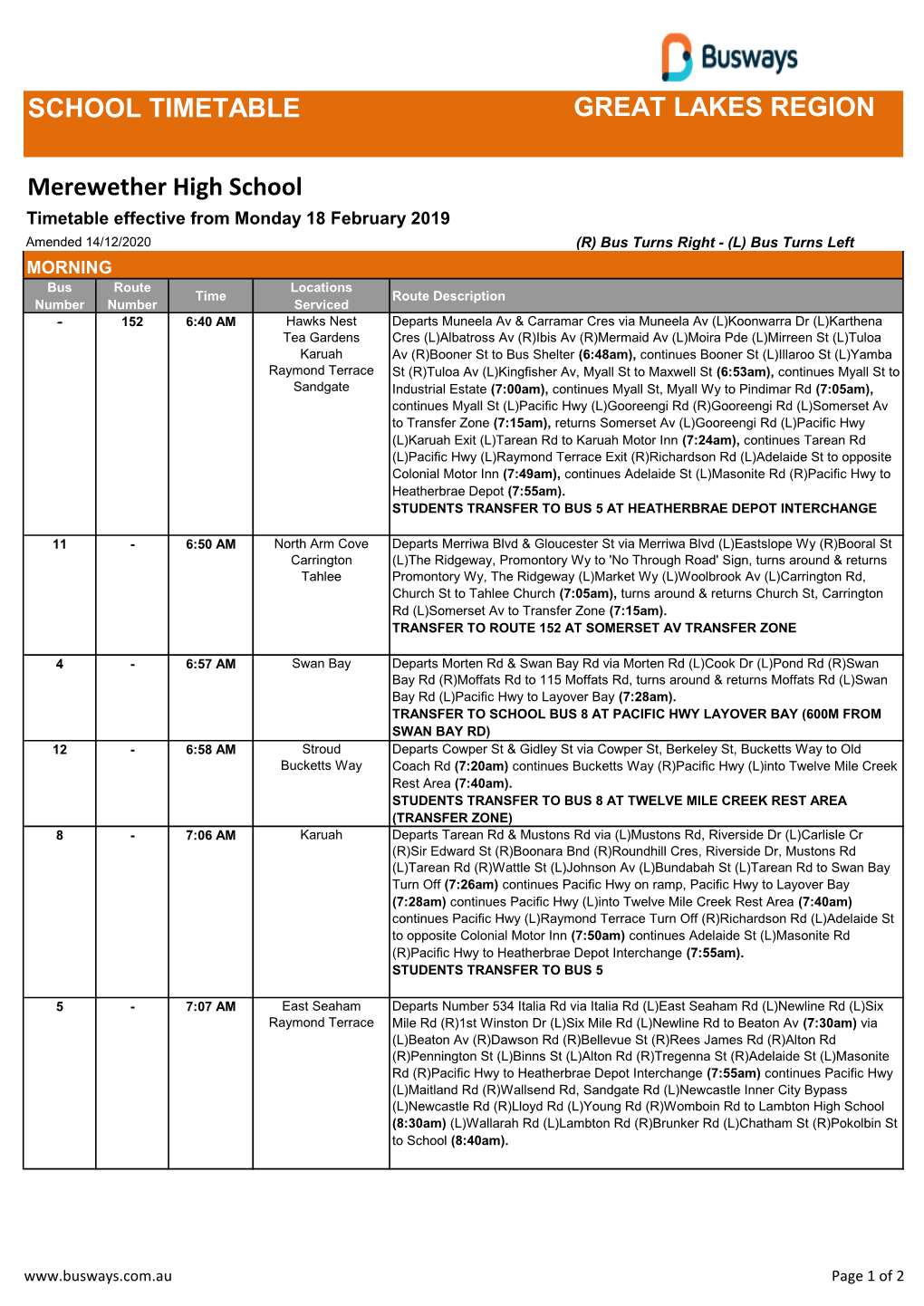 SCHOOL TIMETABLE GREAT LAKES REGION Merewether High School