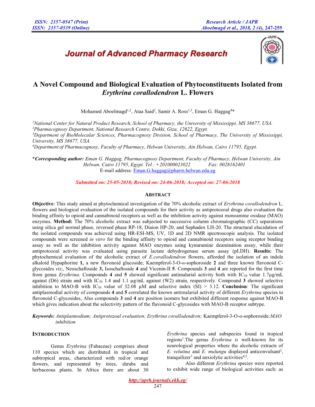 A Novel Compound and Biological Evaluation of Phytoconstituents Isolated from Erythrina Corallodendron L