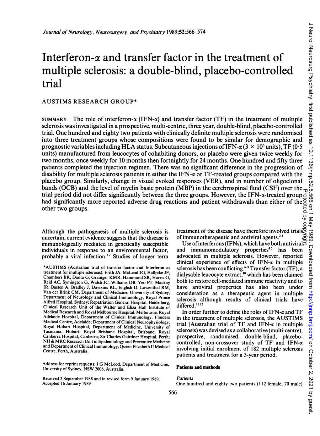 Interferon-Ax and Transfer Factorin the Treatment of Multiple Sclerosis: A