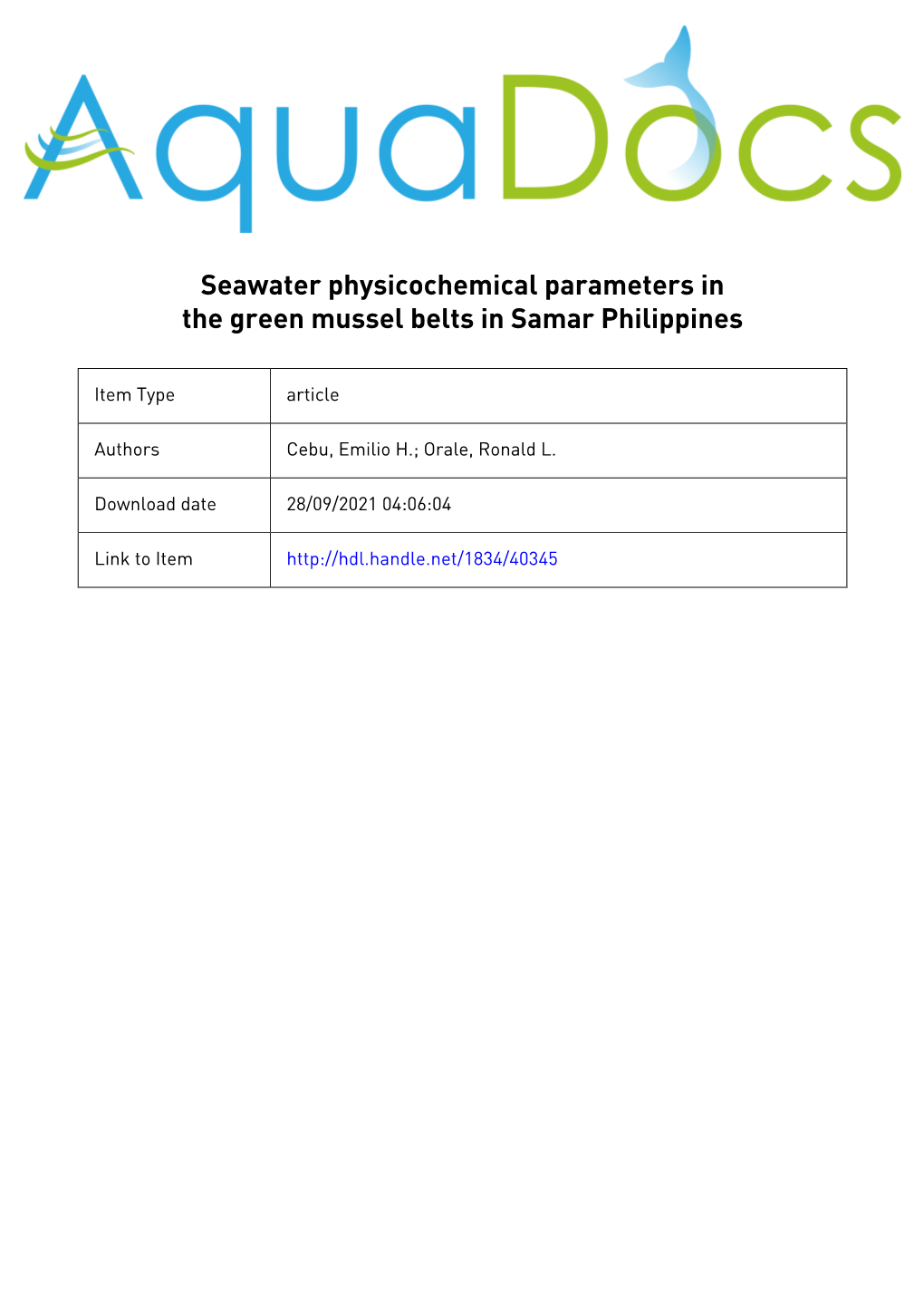 Seawater Physicochemical Parameters in the Green Mussel Belts in Samar Philippines