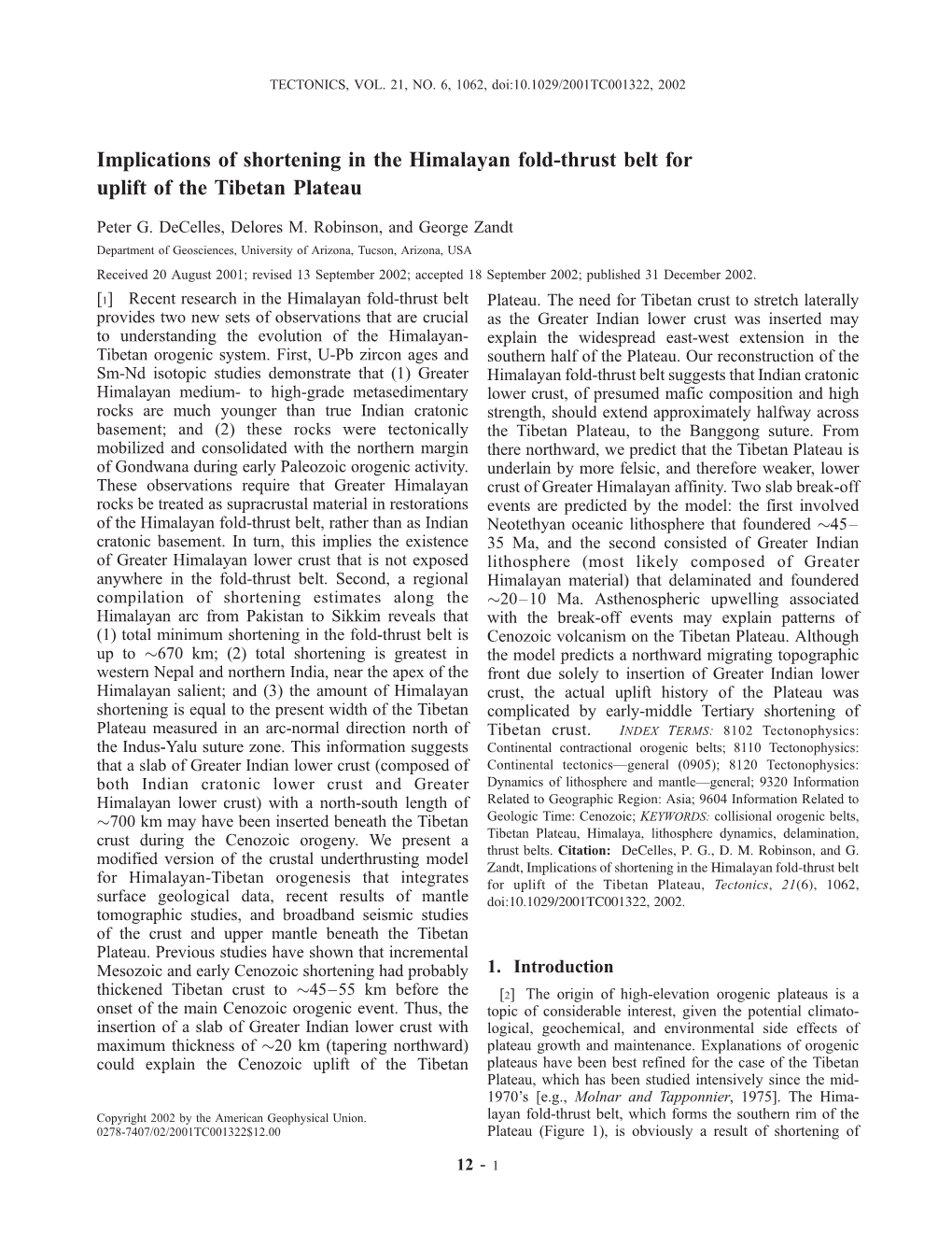 Implications of Shortening in the Himalayan Fold-Thrust Belt for Uplift of the Tibetan Plateau