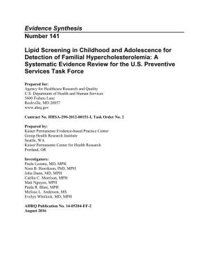 Lipid Screening in Childhood and Adolescence for Detection of Familial Hypercholesterolemia: a Systematic Evidence Review for the U.S