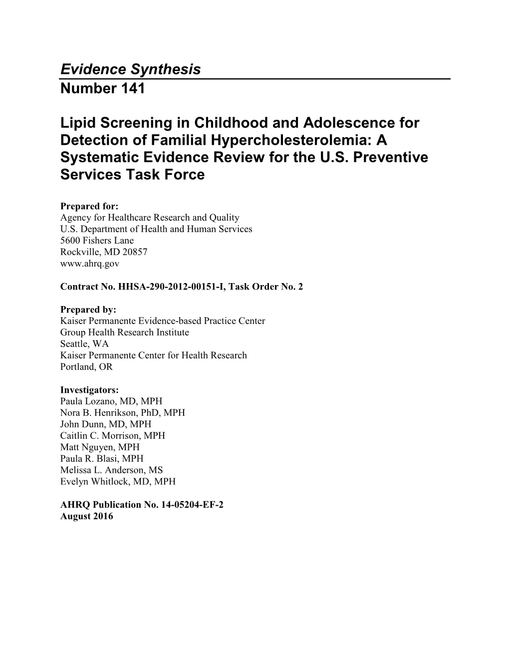 Lipid Screening in Childhood and Adolescence for Detection of Familial Hypercholesterolemia: a Systematic Evidence Review for the U.S