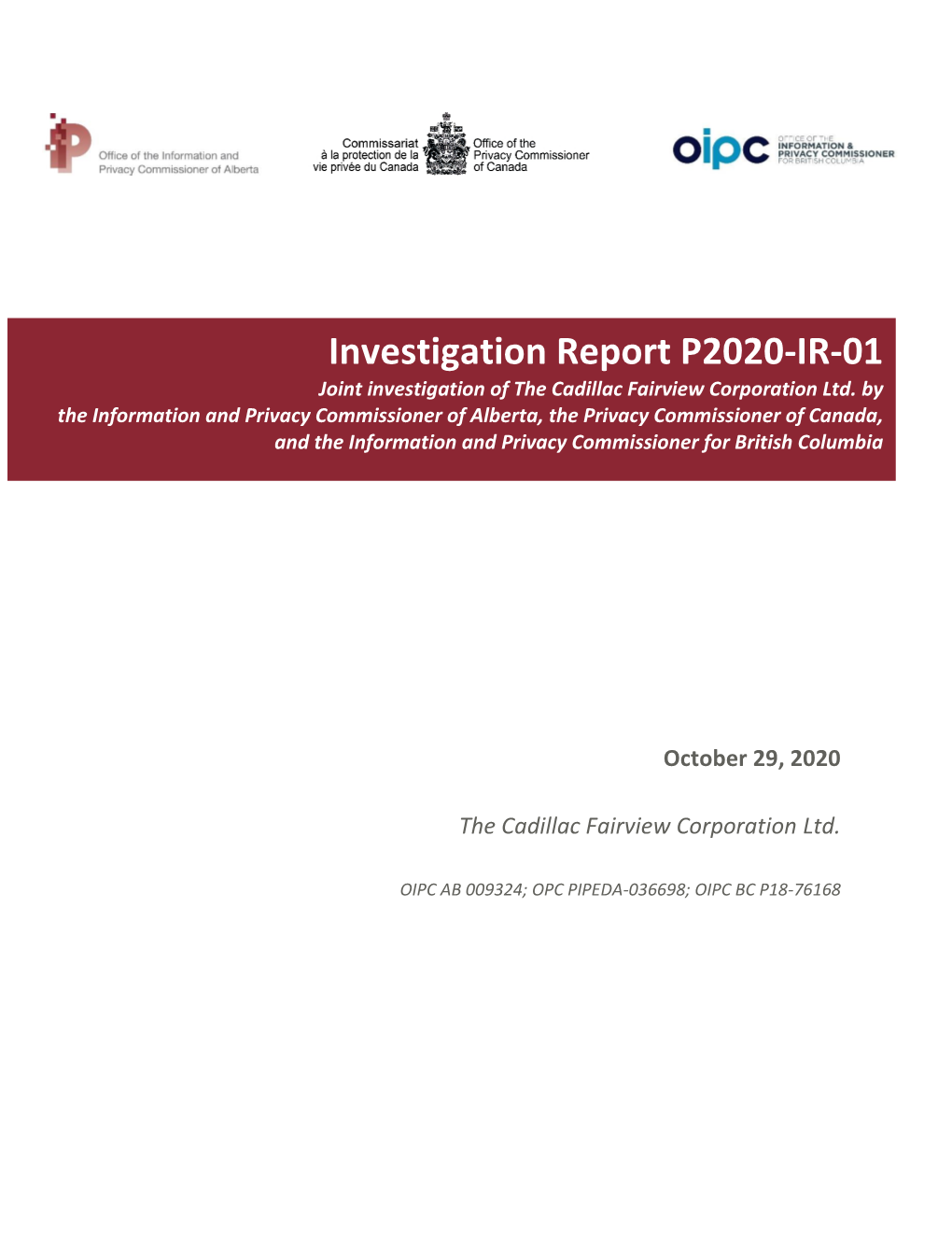Investigation Report P2020-IR-01 Joint Investigation of the Cadillac Fairview Corporation Ltd