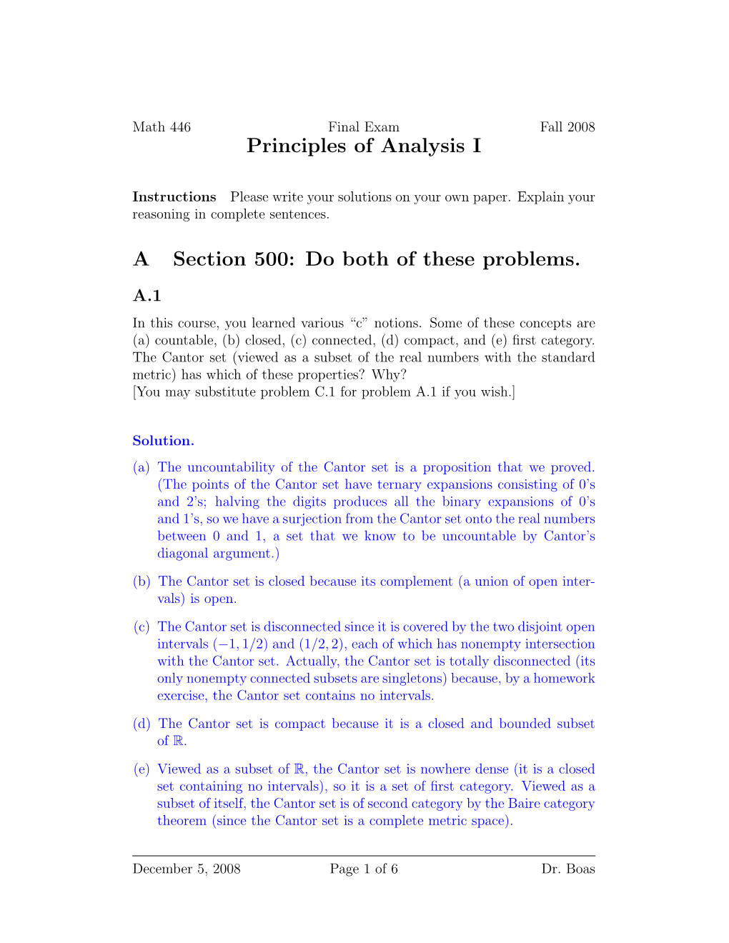 Final Exam Fall 2008 Principles of Analysis I