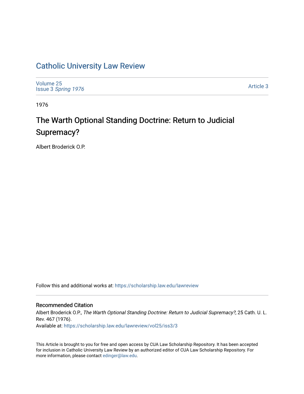 The Warth Optional Standing Doctrine: Return to Judicial Supremacy?