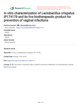 In Vitro Characterization of Lactobacillus Crispatus IP174178 and Its Live Biotherapeutic Product for Prevention of Vaginal Infections