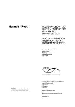 Hannah Reed and Associates Ltd Were Commissioned by Faccenda Property Ltd to Conduct a Land Contamination Preliminary Risk Assessment