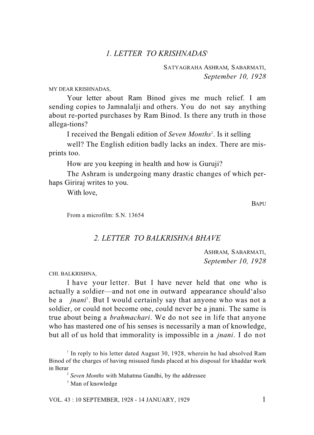 1. Letter to Krishnadas1 2. Letter to Balkrishna Bhave