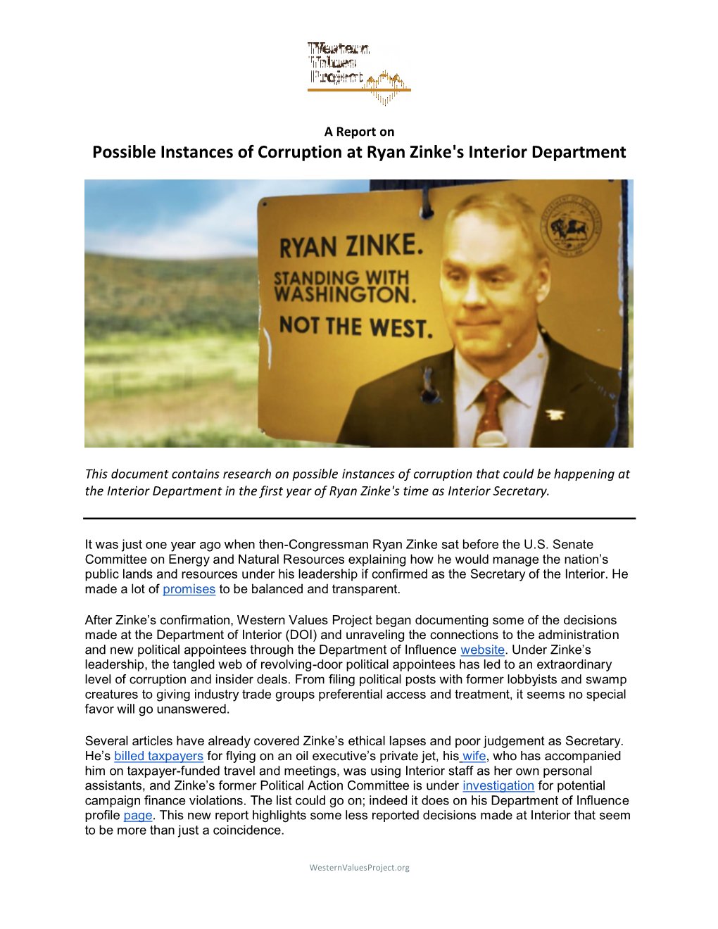 Possible Instances of Corruption at Ryan Zinke's Interior Department