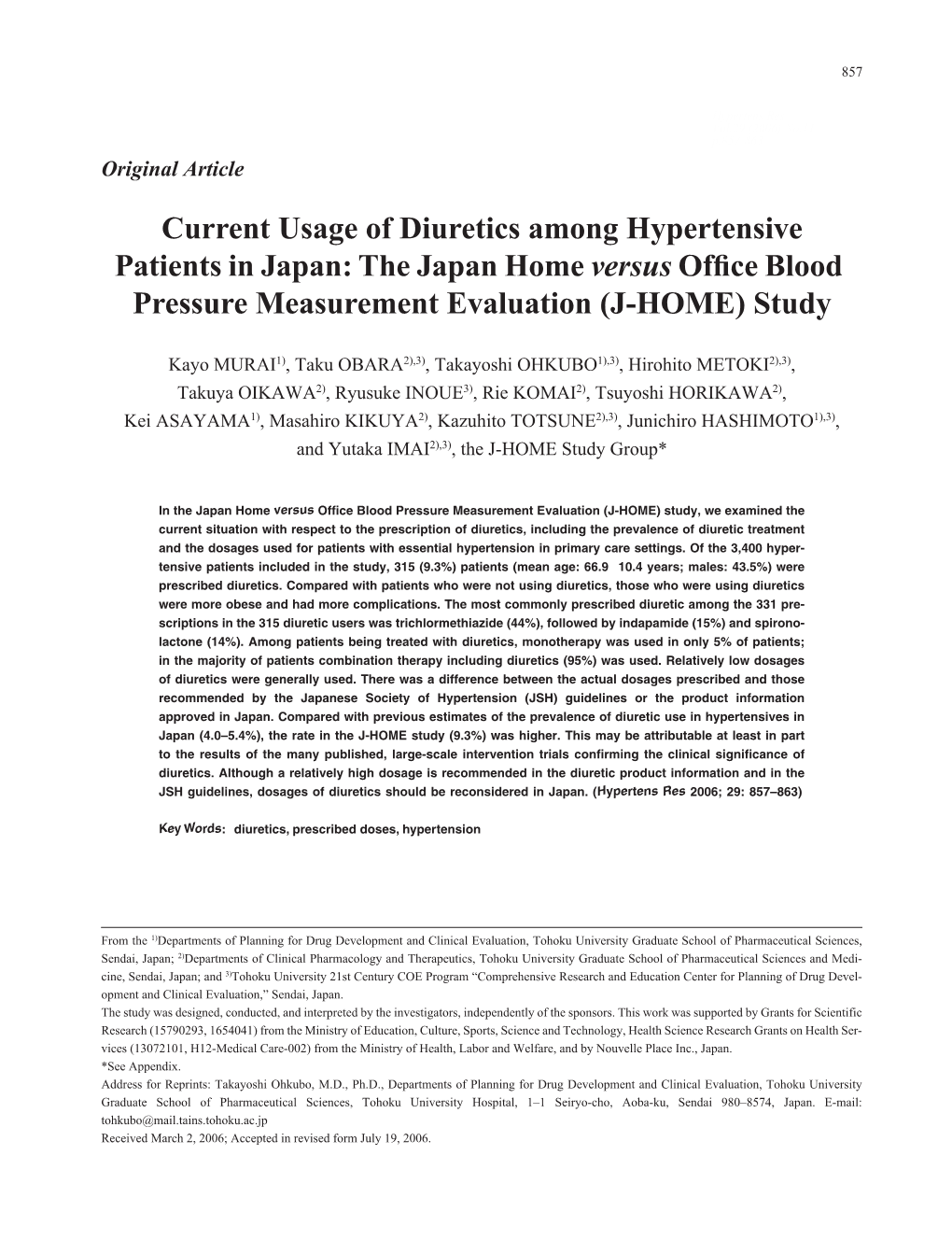 Current Usage of Diuretics Among Hypertensive Patients in Japan: the Japan Home Versus Ofﬁce Blood Pressure Measurement Evaluation (J-HOME) Study