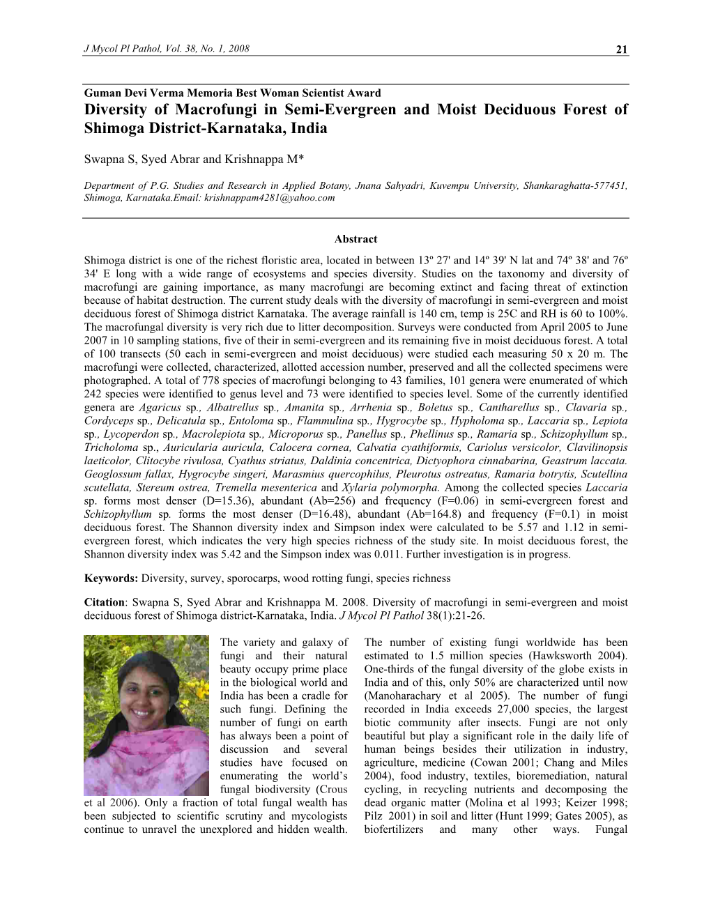 Diversity of Macrofungi in Semi-Evergreen and Moist Deciduous Forest of Shimoga District-Karnataka, India