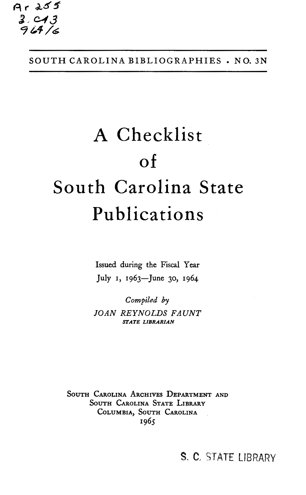 A Checklist of South Carolina State Publications