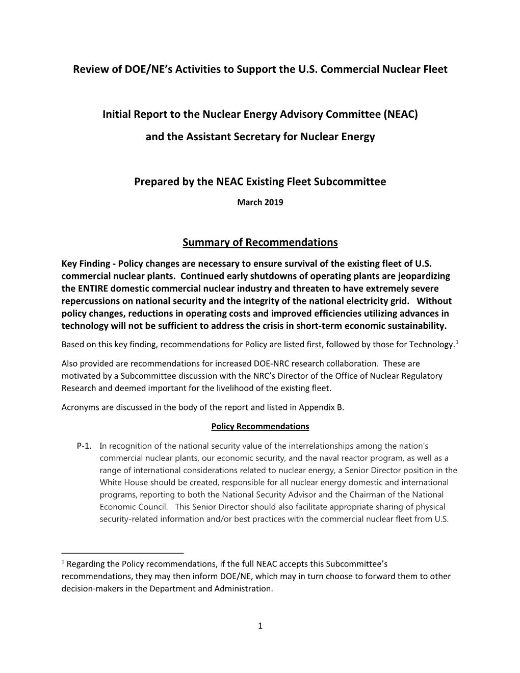 Review of DOE/NE's Activities to Support the U.S. Commercial