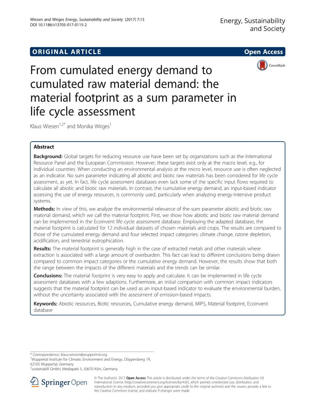 The Material Footprint As a Sum Parameter in Life Cycle Assessment Klaus Wiesen1,2* and Monika Wirges1