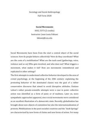 Sociology and Social Anthropology Fall Term 2020 Social Movements