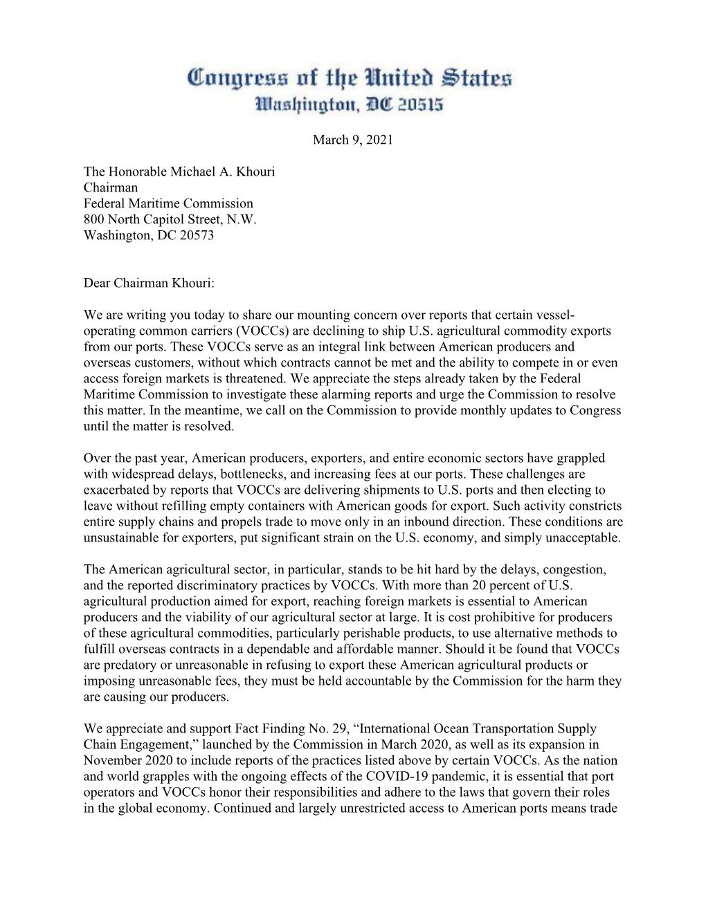 Congressional Letter to FMC Chairman Khouri