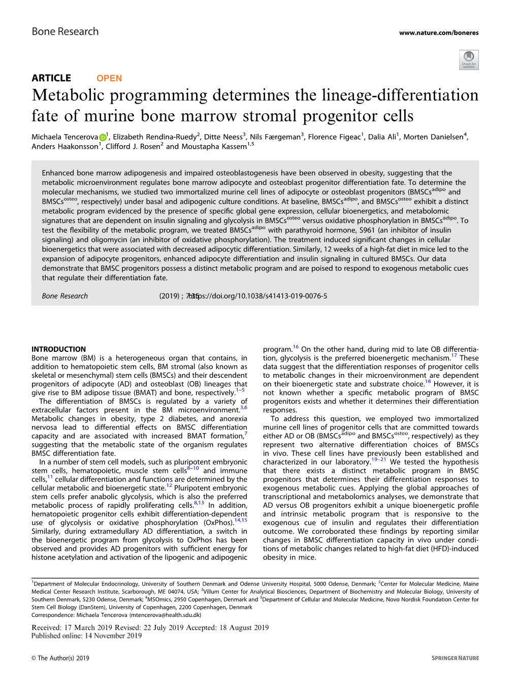 Metabolic Programming Determines the Lineage-Differentiation Fate of Murine Bone Marrow Stromal Progenitor Cells