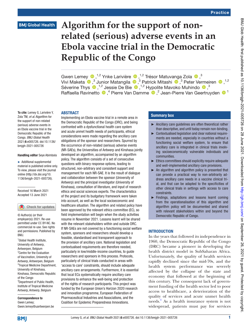 Algorithm for the Support of Non-Related (Serious) Adverse Events in an Ebola Vaccine Trial in the Democratic Republic of the Co