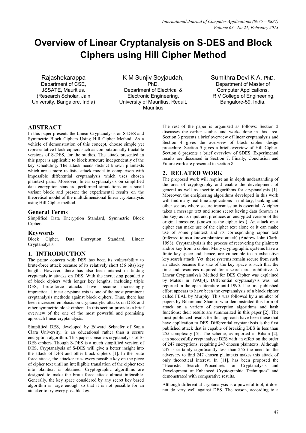 Overview of Linear Cryptanalysis on S-DES and Block Ciphers Using Hill Cipher Method