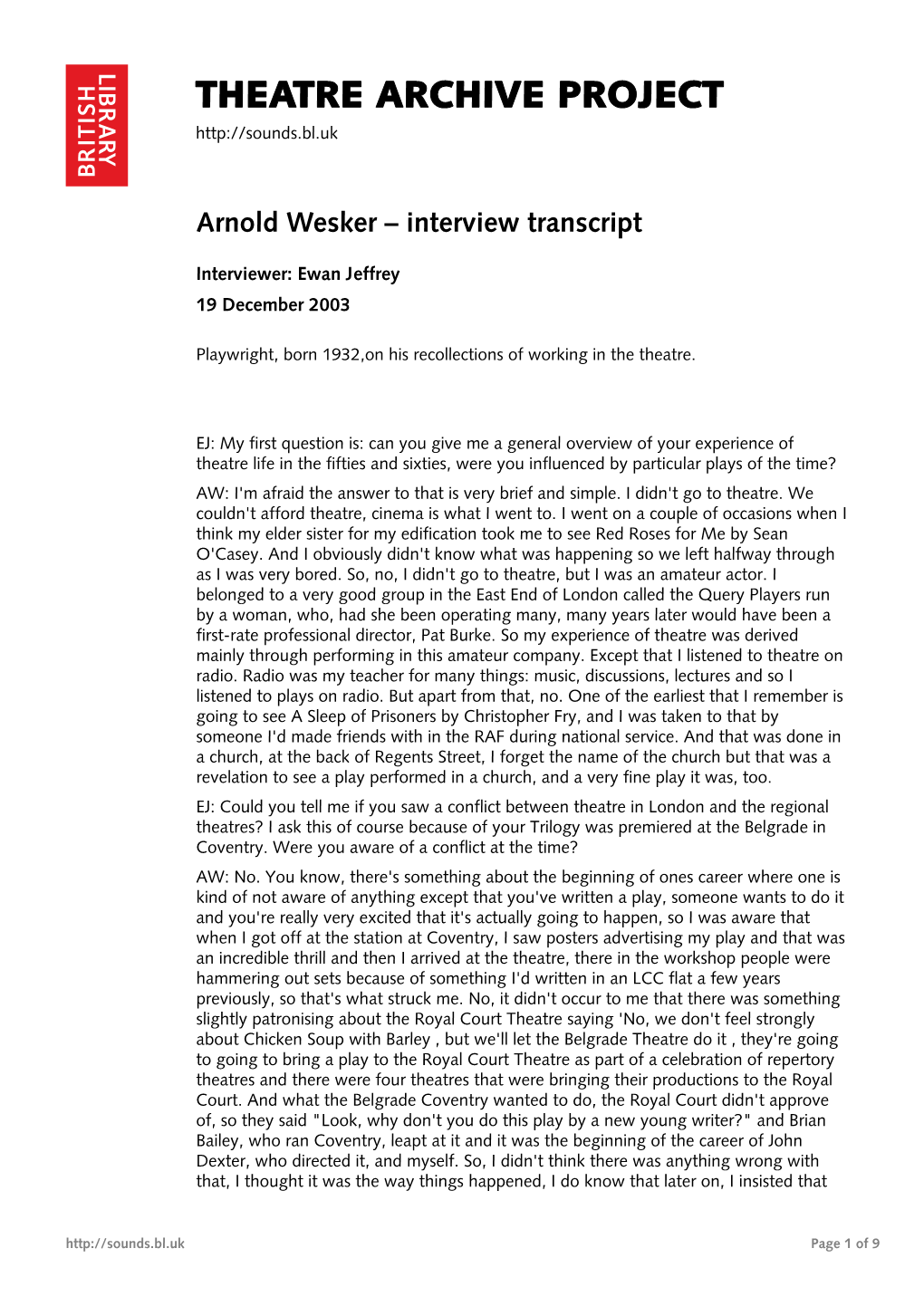 Interview with Arnold Wesker