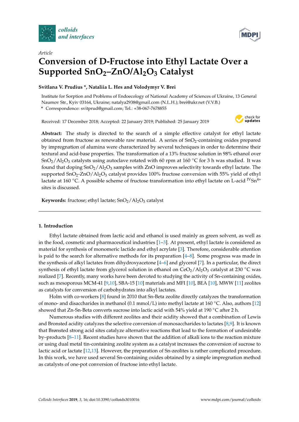 Conversion of D-Fructose Into Ethyl Lactate Over a Supported Sno2–Zno/Al2o3 Catalyst