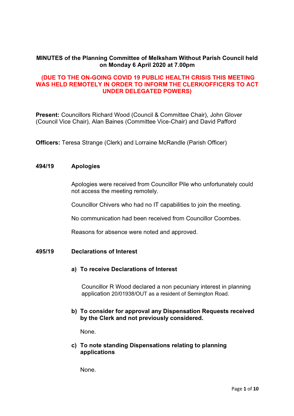 MINUTES of the Planning Committee of Melksham Without Parish Council Held on Monday 6 April 2020 at 7.00Pm