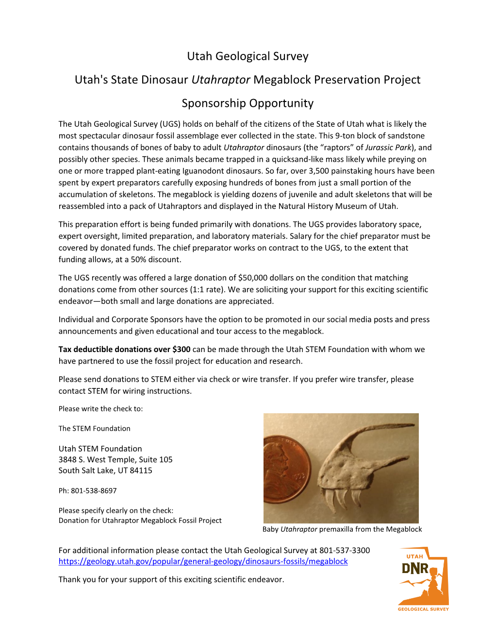 Utah Geological Survey Utah's State Dinosaur Utahraptor Megablock Preservation Project Sponsorship Opportunity