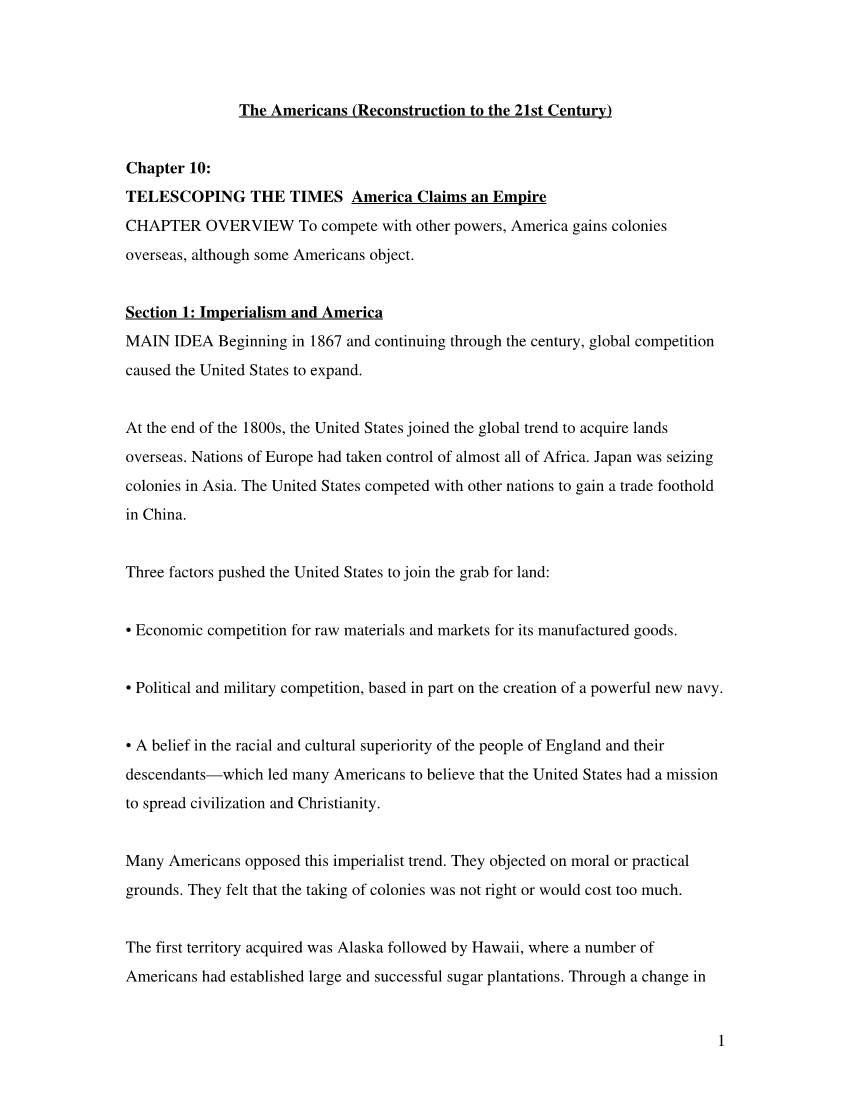 1 the Americans (Reconstruction to the 21St Century) Chapter 10