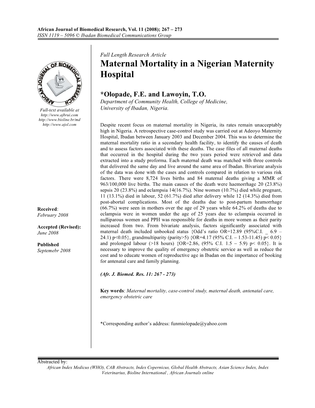 Maternal Mortality in a Nigerian Maternity Hospital